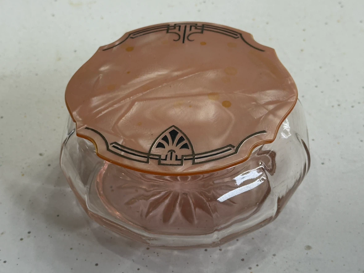 Antique pink depression glass powder box