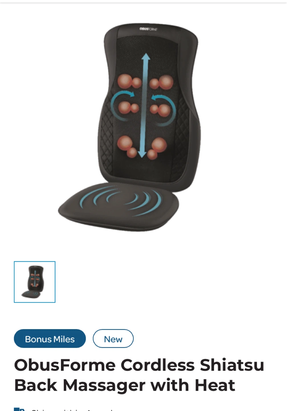 ObusForme Cordless Shiatsu Back Massager with Heat. New In Box