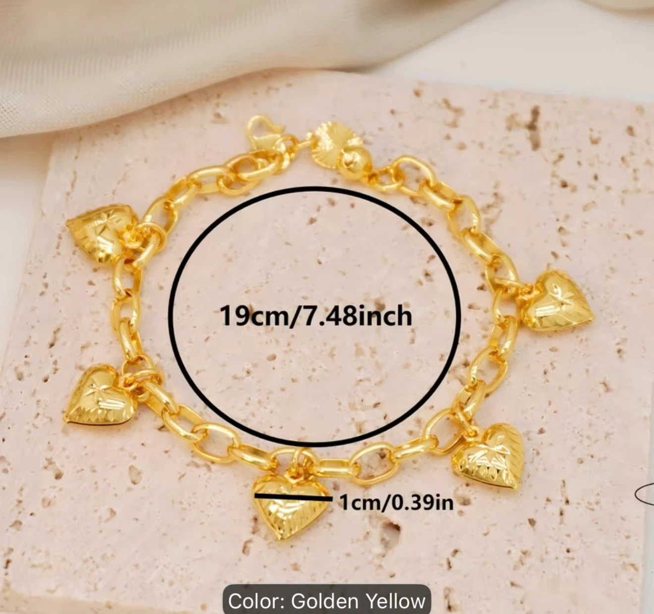 Golden Yellow Heart Charm Bracelet 19cm