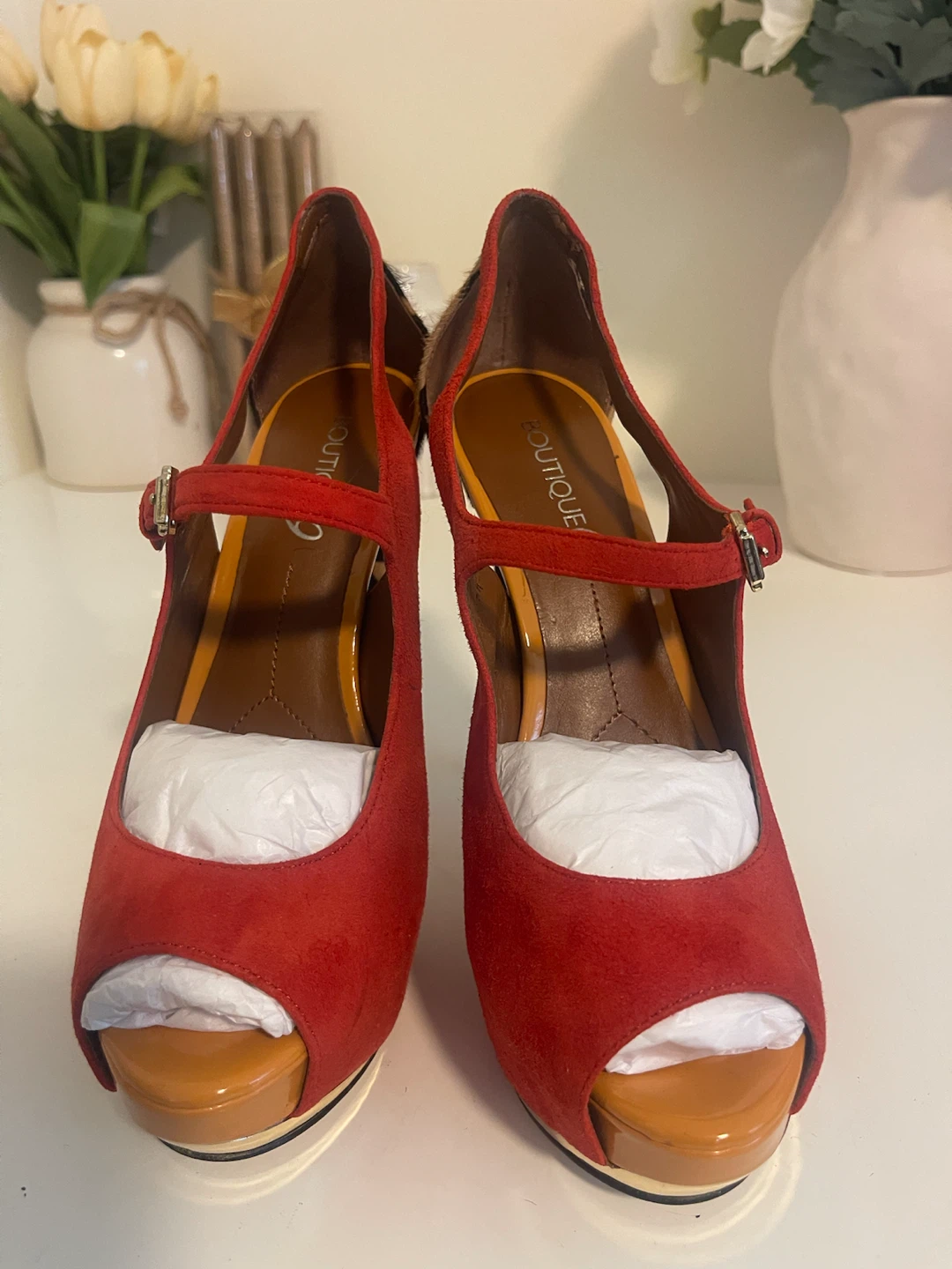 Boutique 9 Red Suede Leopard Print Platform Heels