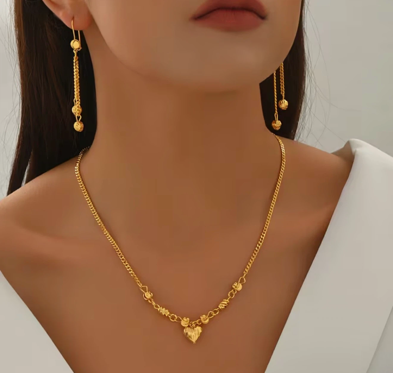 Gold Heart Necklace and Dangle Earrings Set