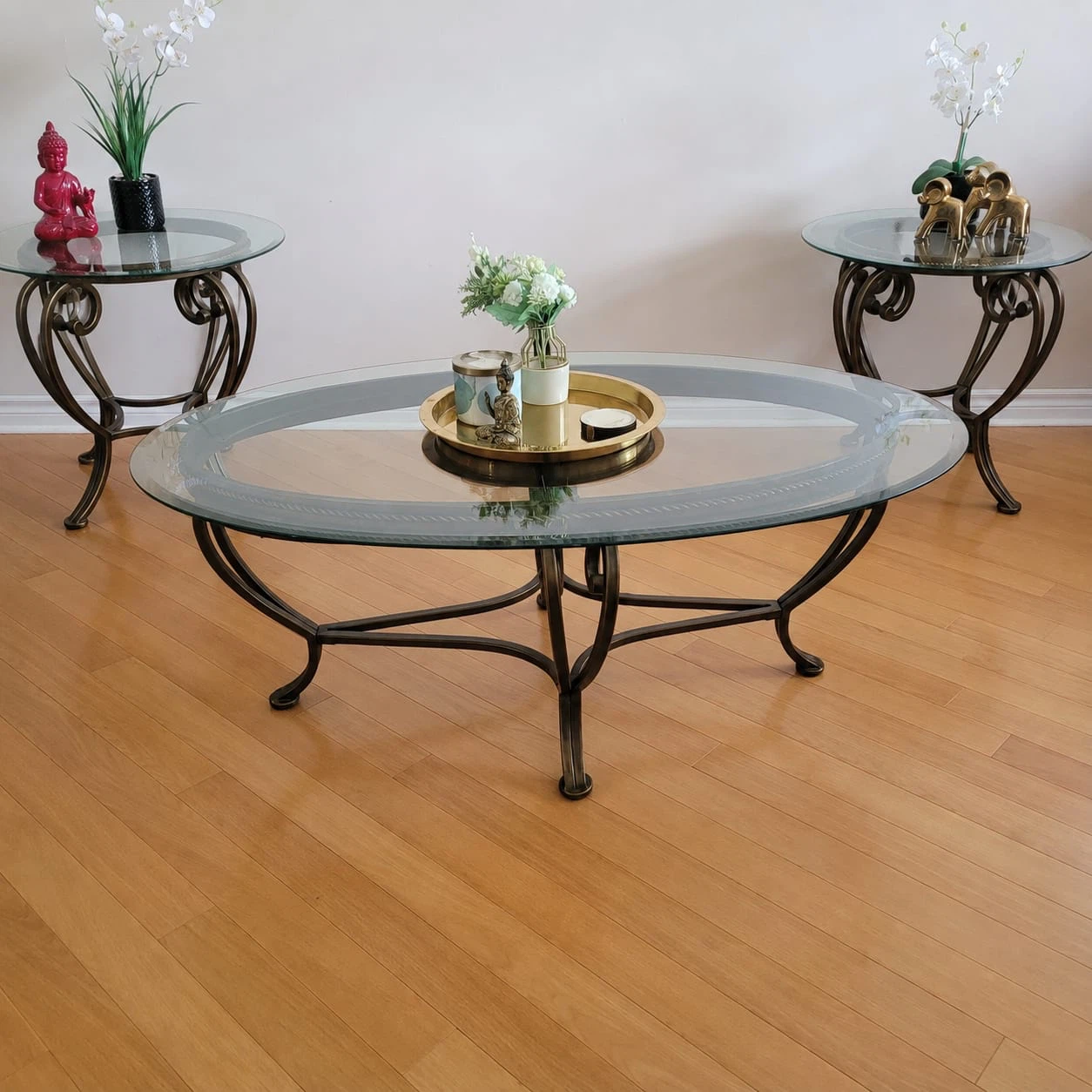 Glass Top Coffee and Side Tables with Metal Base