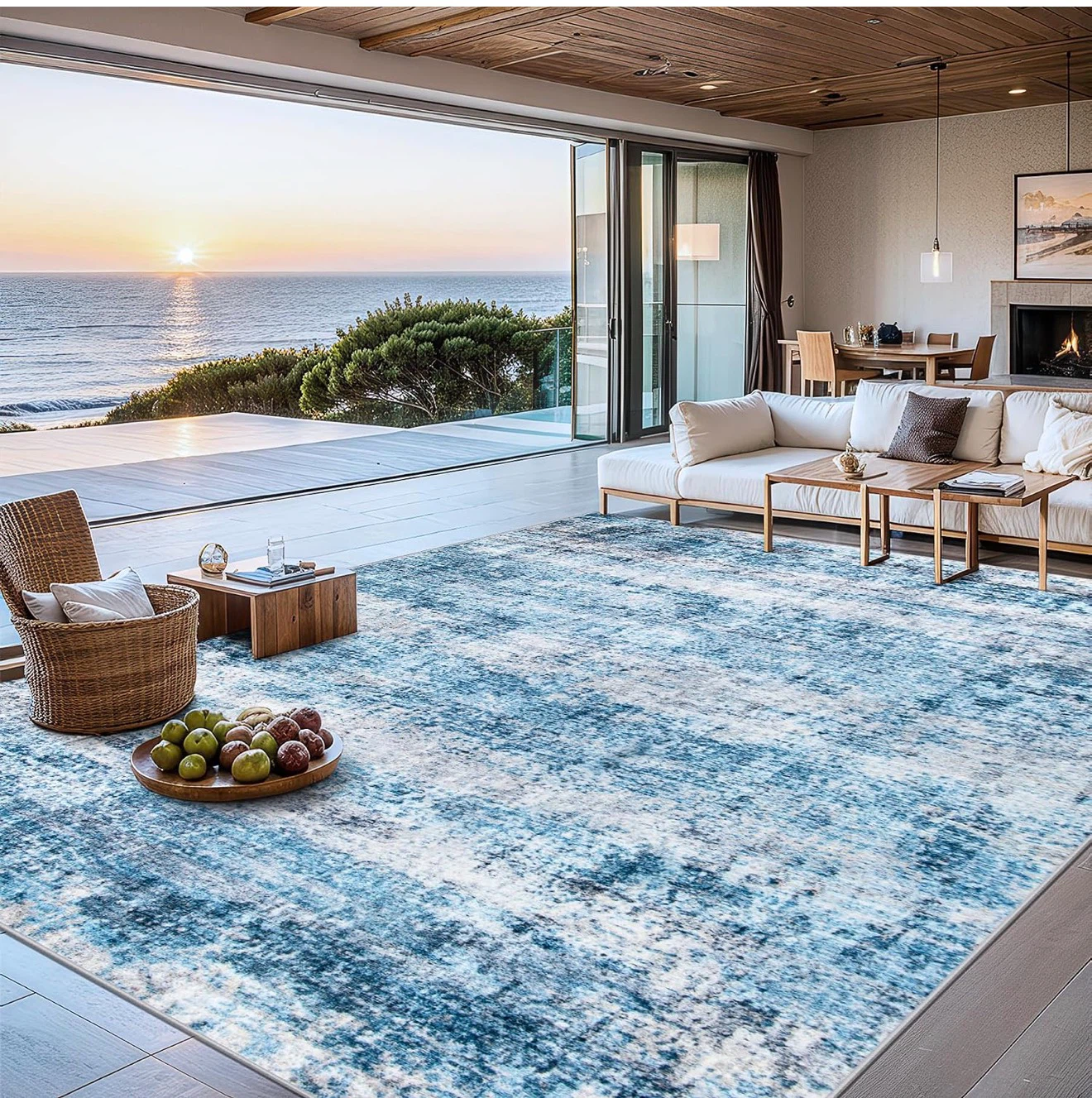 Blue and White Abstract Area Rug