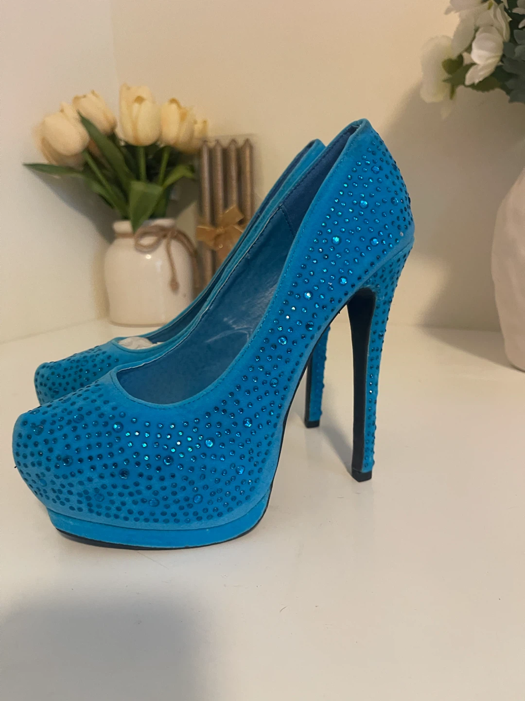 Turquoise Rhinestone Platform Heels