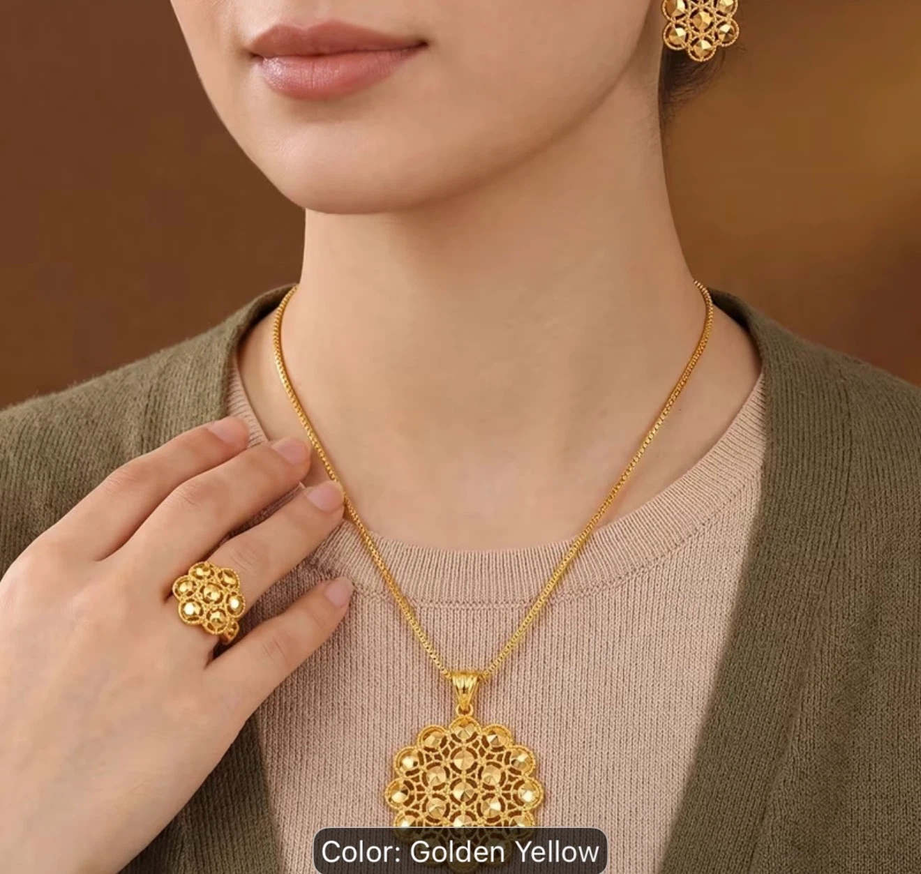 Golden Yellow Necklace, Ring, and Earring Set