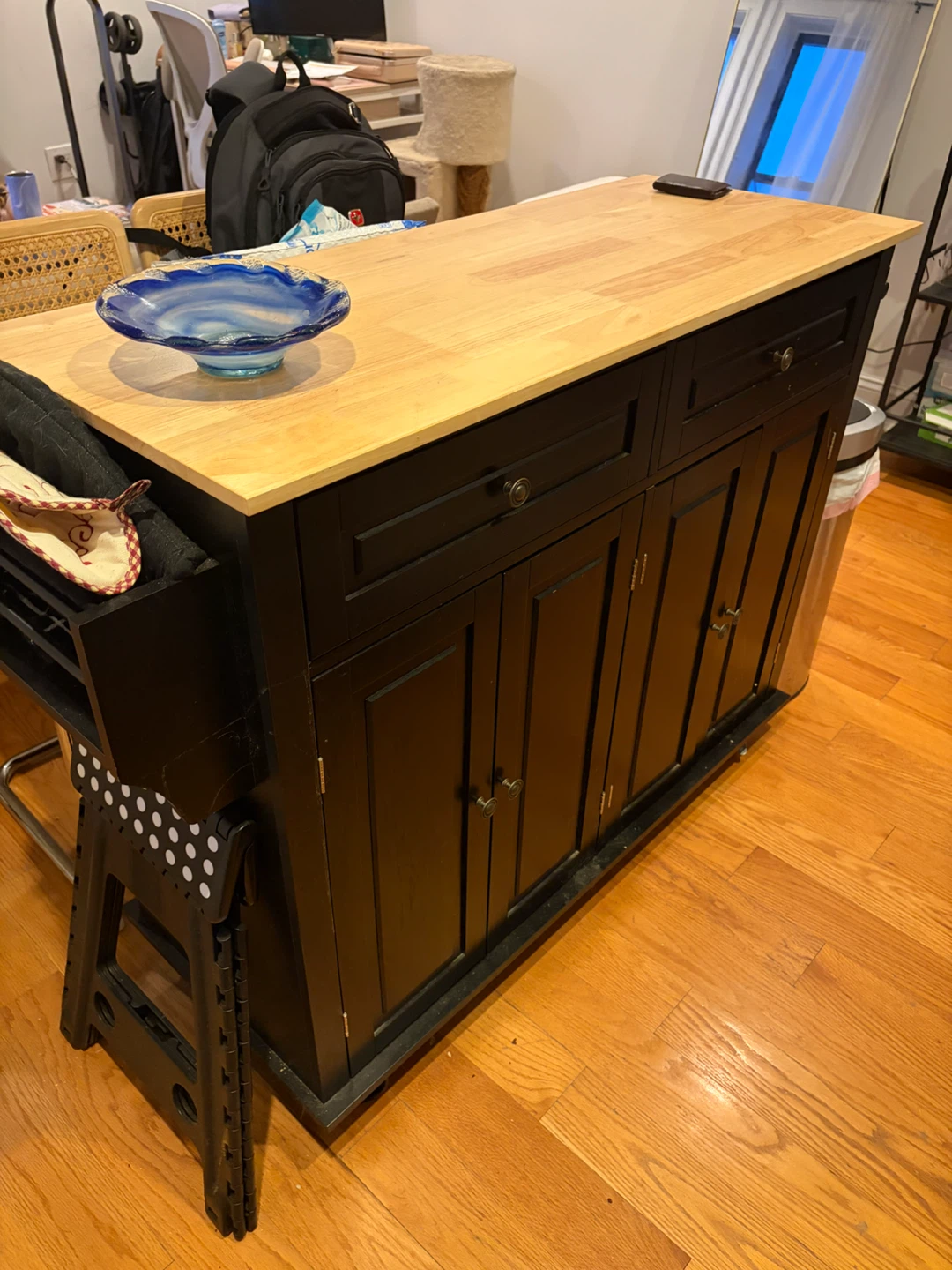 Black Kitchen Island with Wooden Top