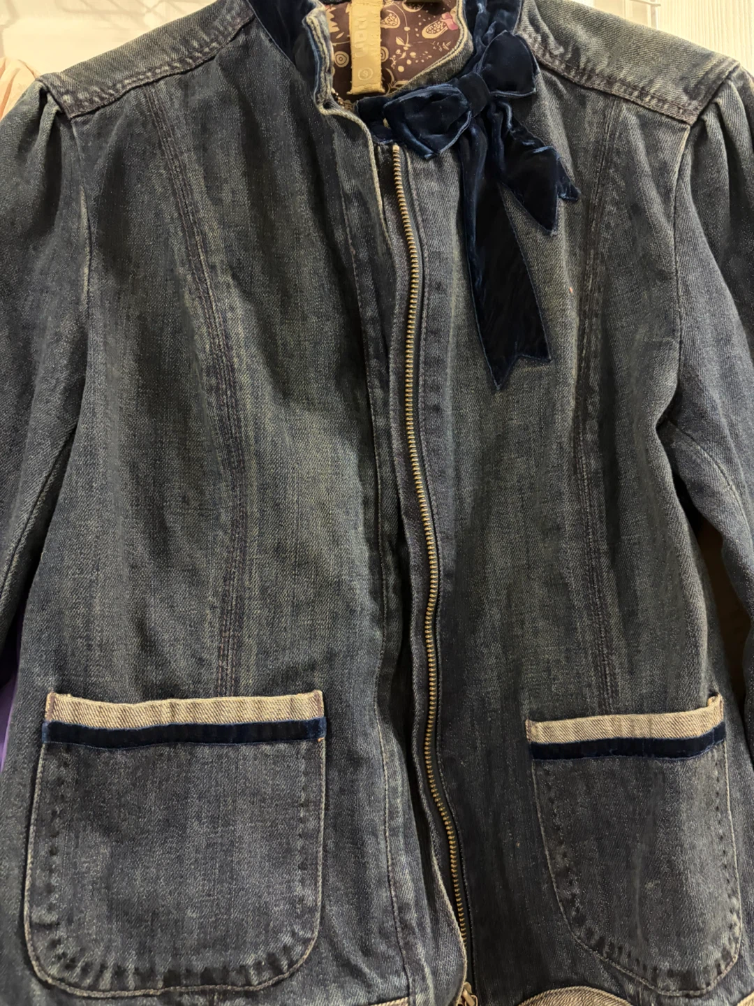 Denim Jacket with Blue Velvet Bow Accent