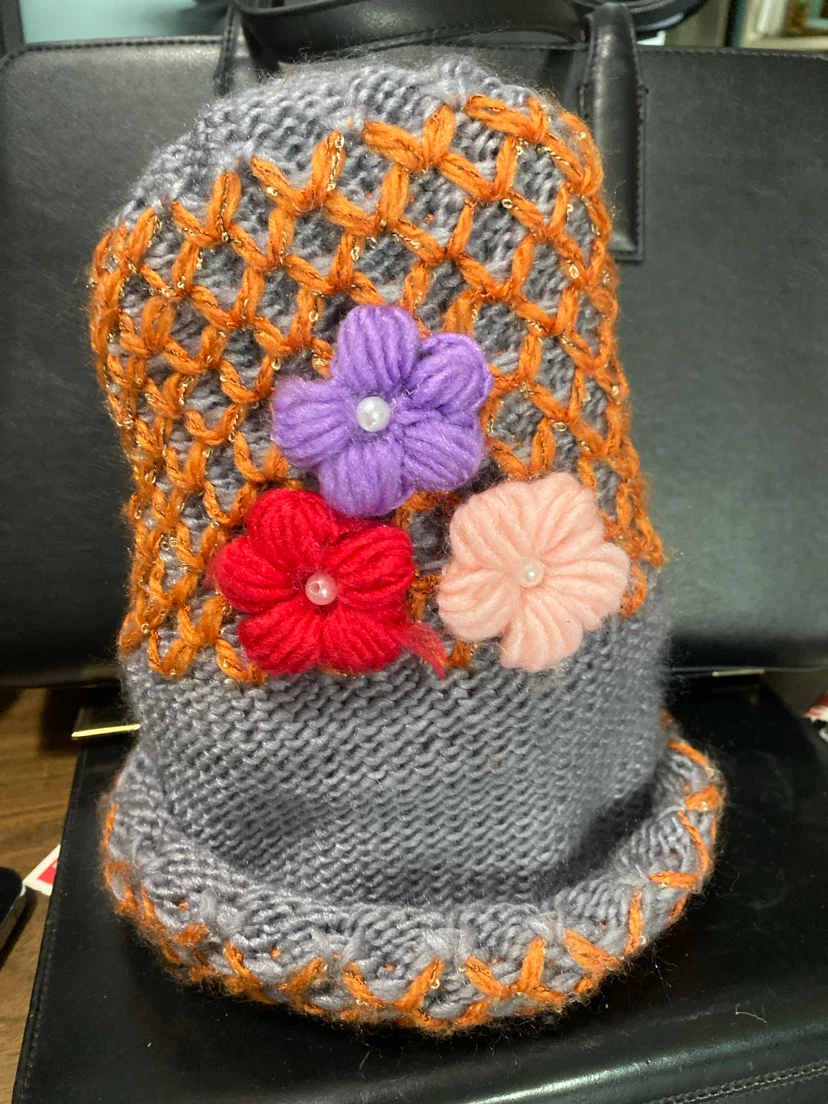 Hand-Knit Beanie with Flowers for covering tea pot - photo 2