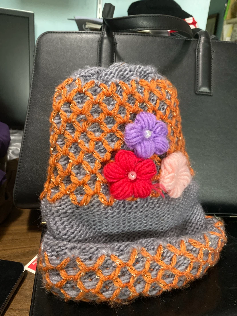 Hand-Knit Beanie with Flowers for covering tea pot - photo 3