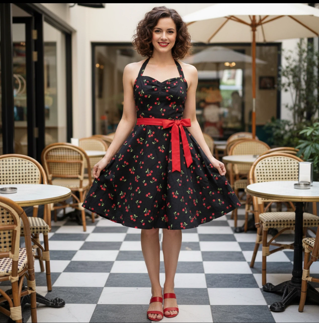 Black Cherry Print Halter Dress