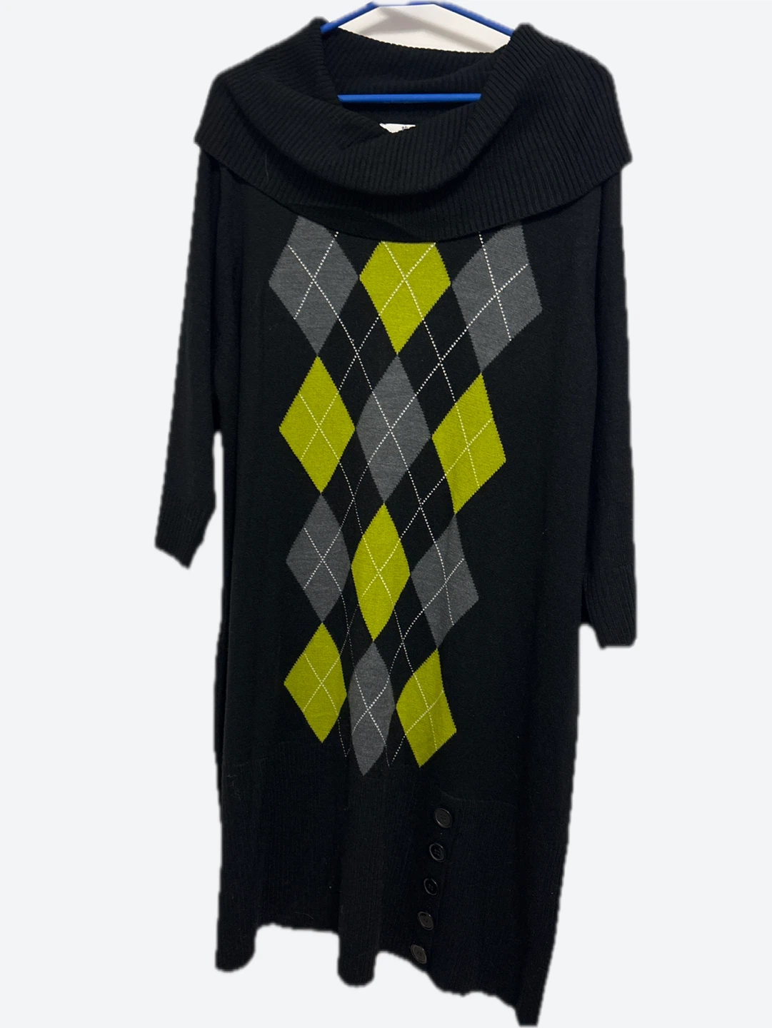 Black Argyle Sweater Dress with Cowl Neck