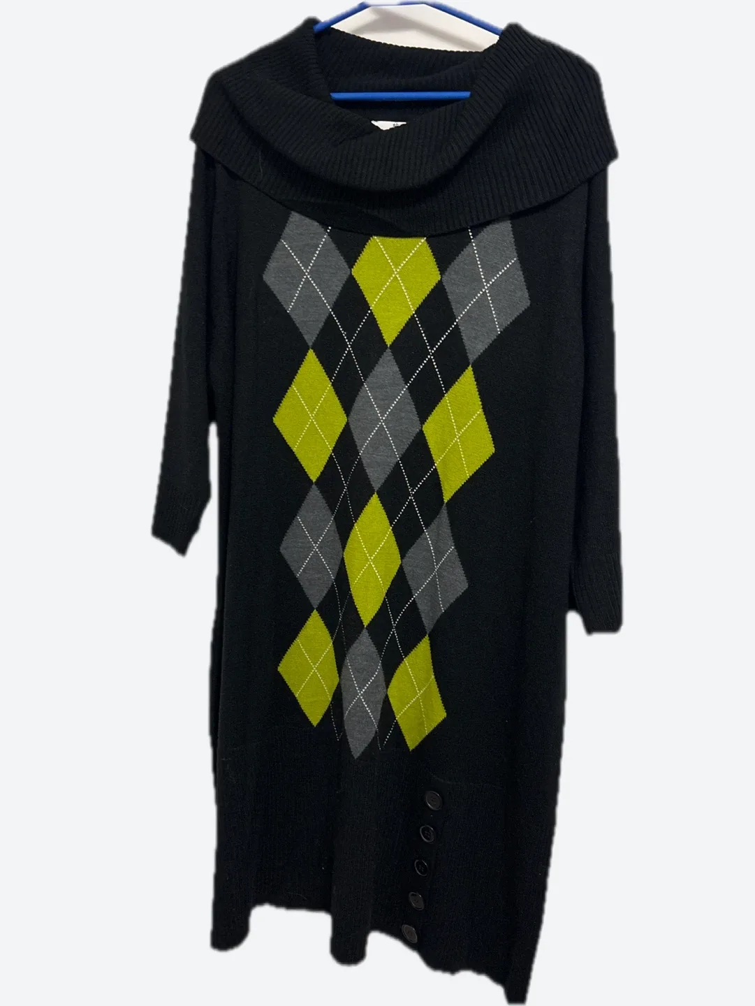 Black Argyle Sweater Dress with Cowl Neck