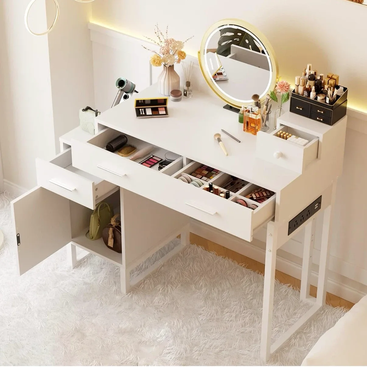 Cyclsio Small Vanity Desk with 4 Storage Drawers and Cabinet
