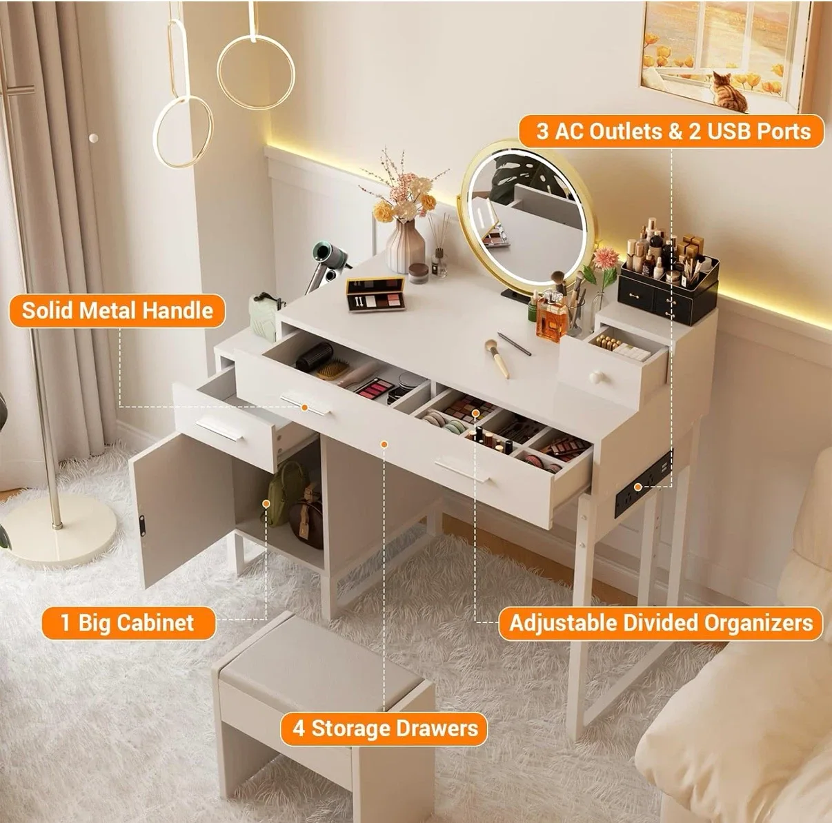 Cyclsio Small Vanity Desk with 4 Storage Drawers and Cabinet - photo 3
