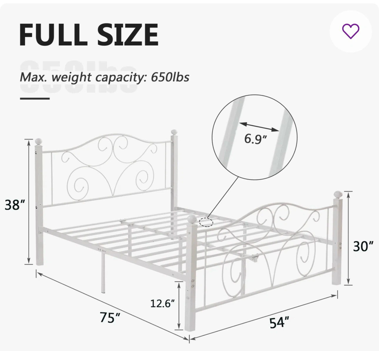 Wayfair Full Size White Metal Bed Frame - photo 2