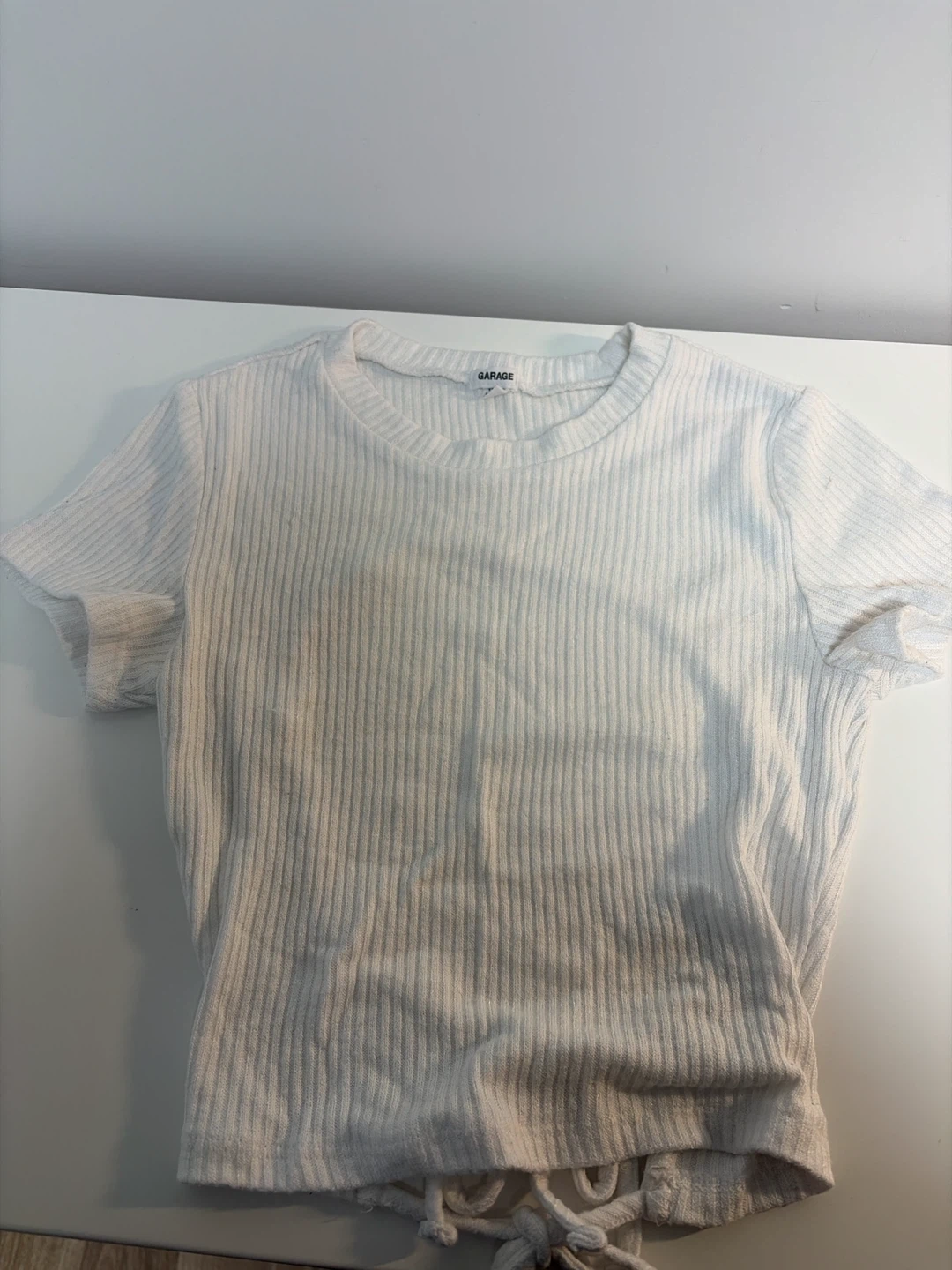 Garage White Ribbed Tie-Back Crop Top