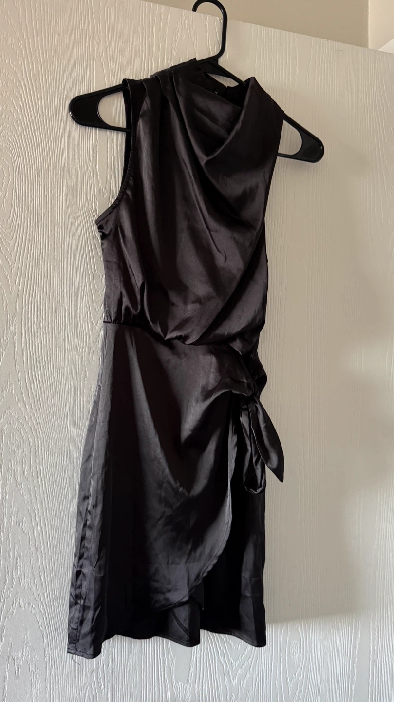 Size S Black Satin Mock Neck Wrap Dress