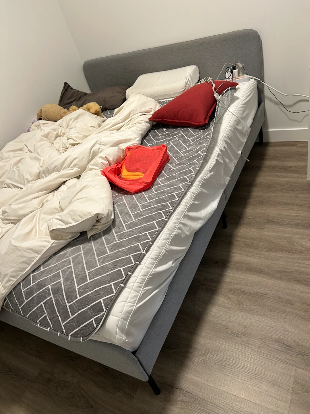 Grey upholstered bed frame & Mattress