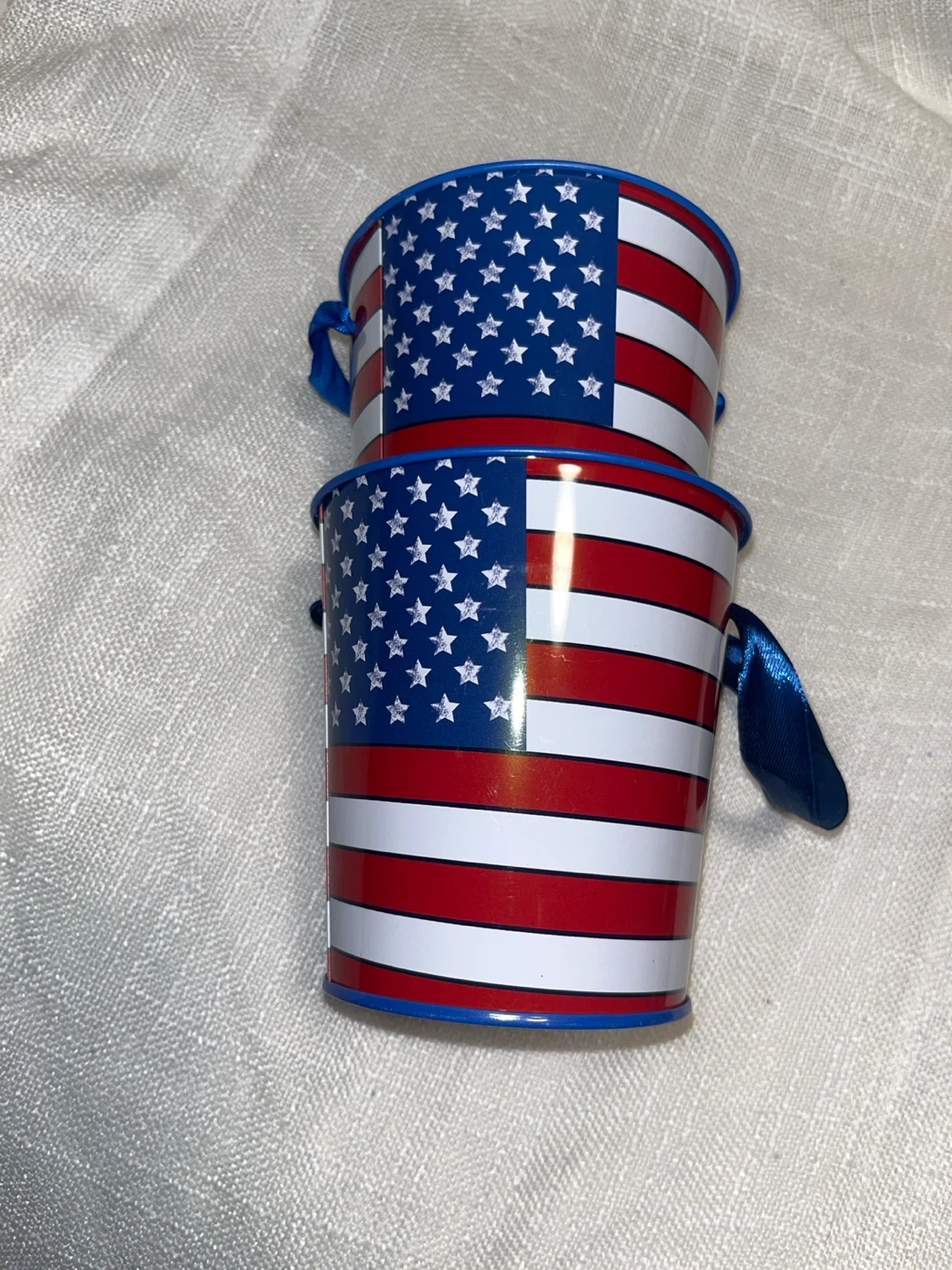 Set of 2 American Flag Small Tin Buckets with Handles