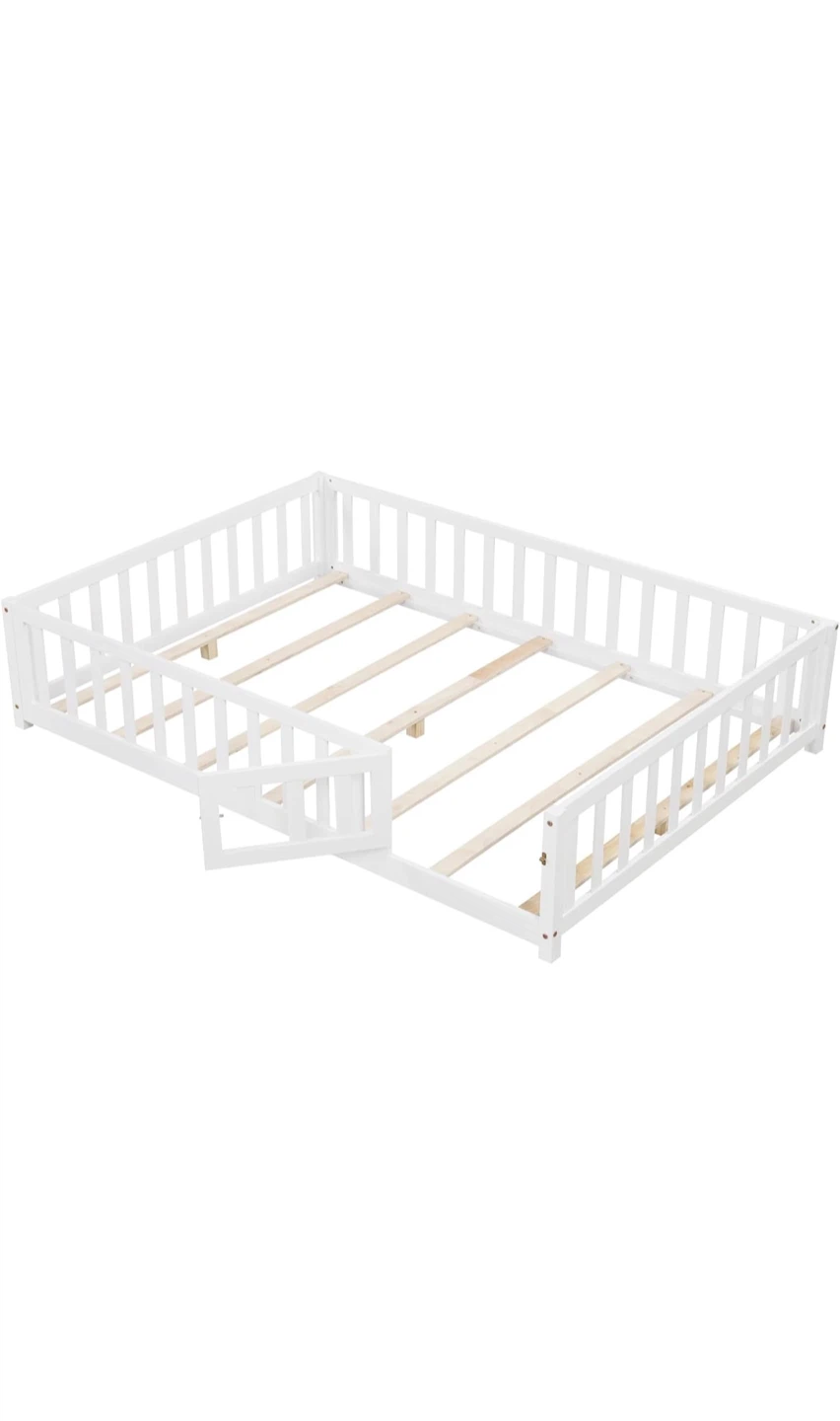 Full Size Low Floor Toddler Bed Frame with Guardrails