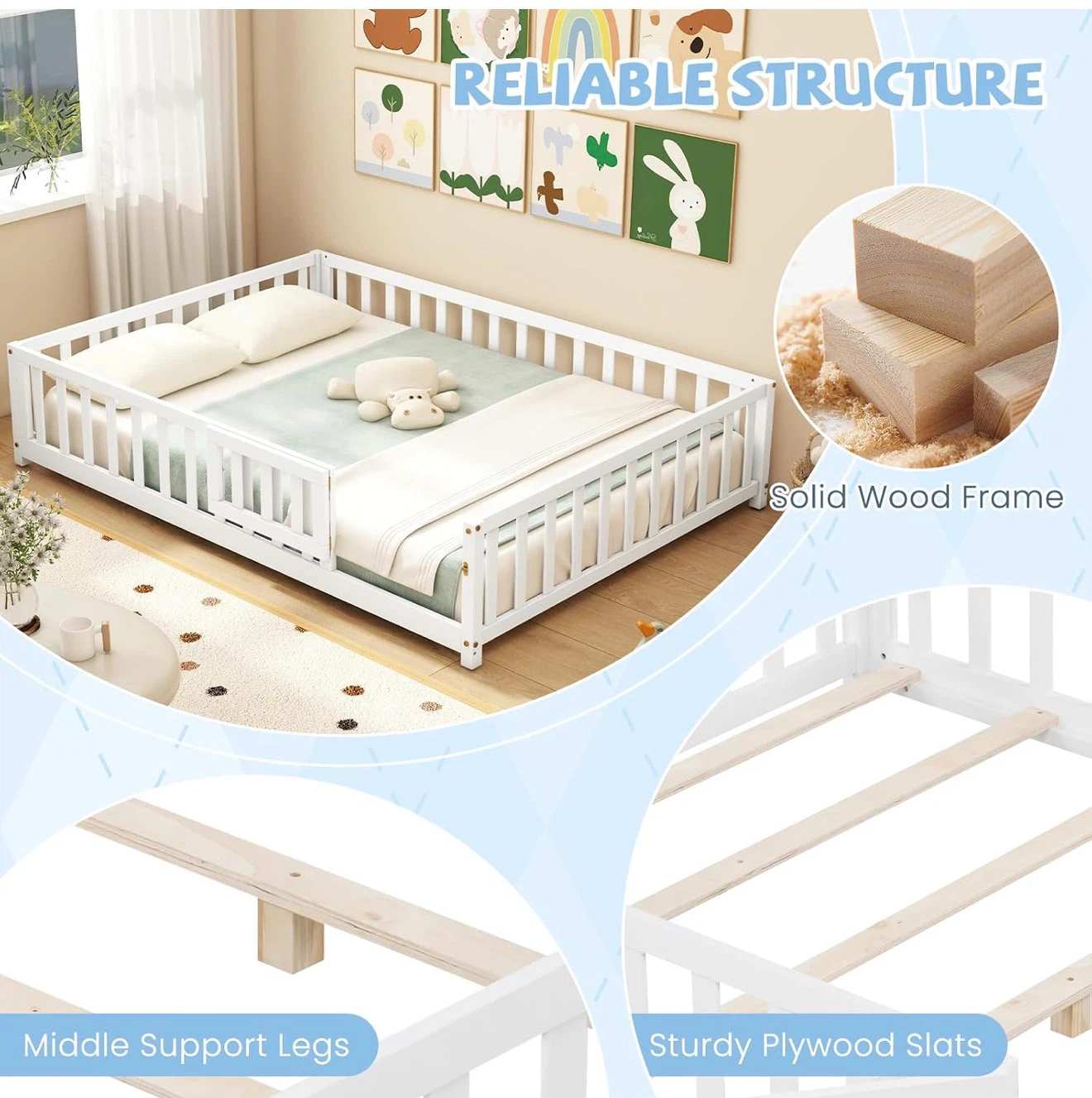 Full Size Low Floor Toddler Bed Frame with Guardrails - photo 3