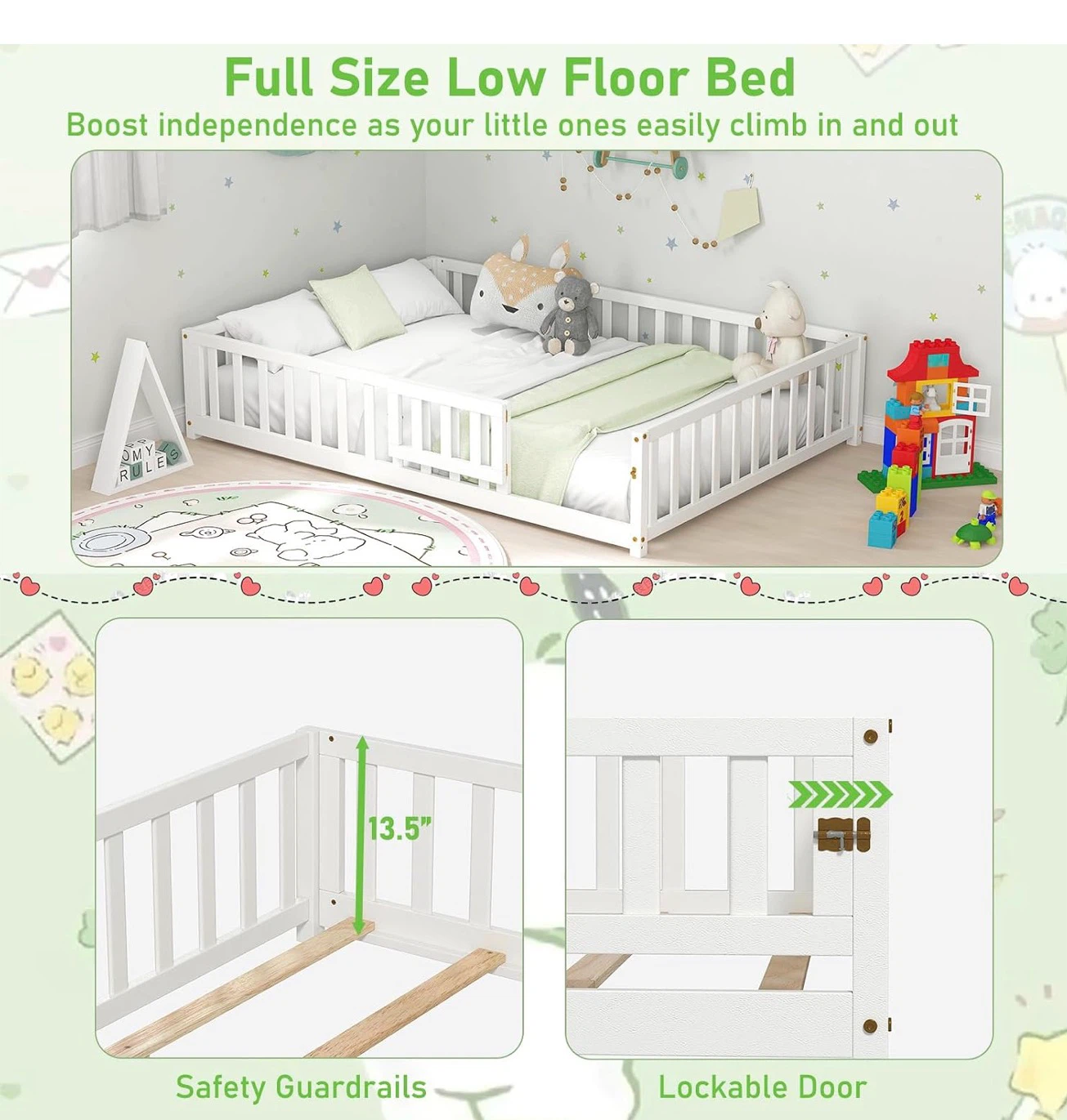 Full Size Low Floor Toddler Bed Frame with Guardrails - photo 4