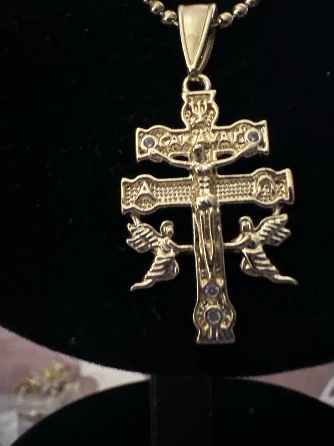 14k Gold laminated Cross Pendant Necklace with Angels - photo 2