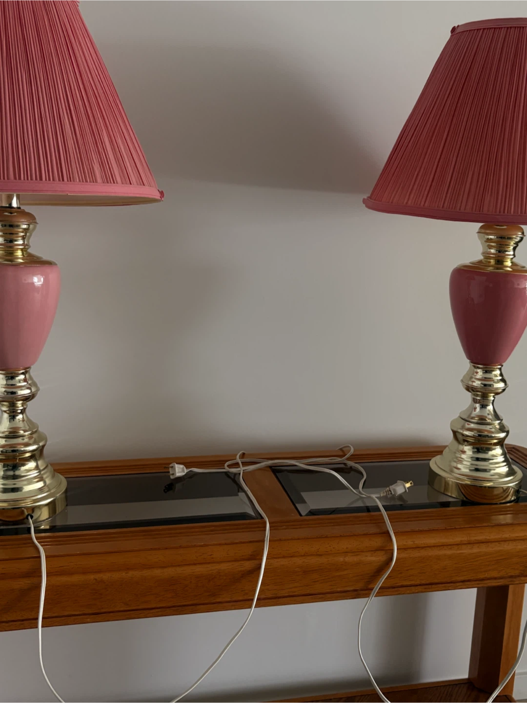 Pair of Pink Vintage Table Lamps with Gold Accents