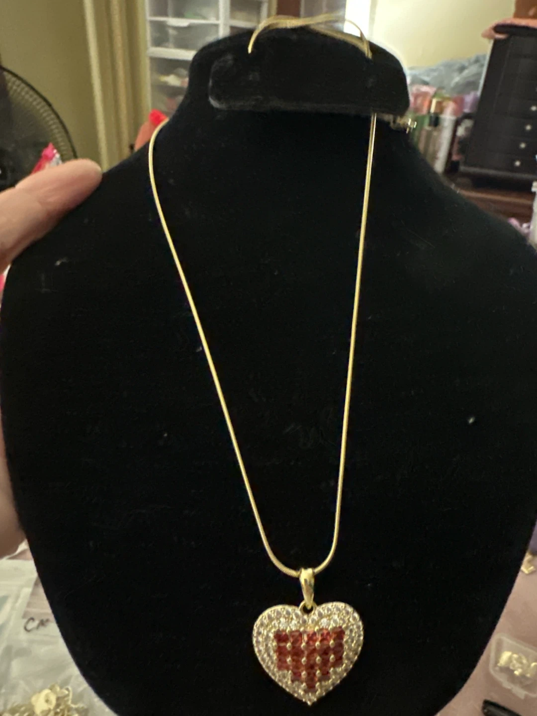 14k gold laminated Heart Necklace  Red and White Stones