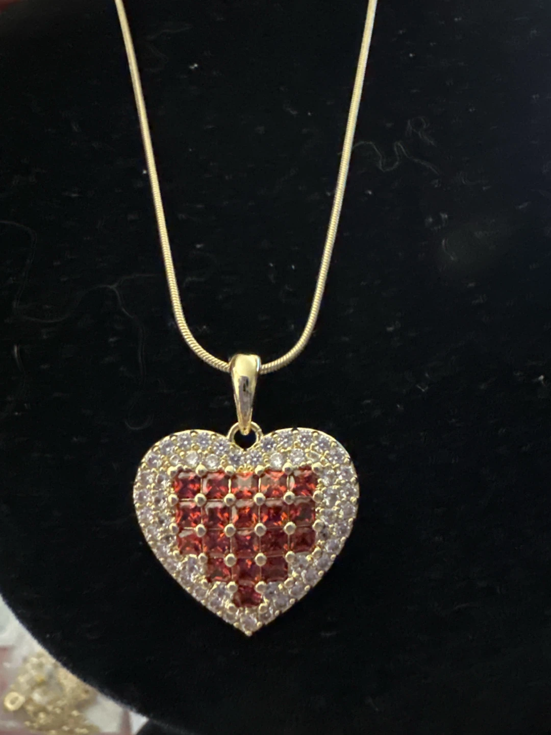 14k gold laminated Heart Necklace  Red and White Stones - photo 2