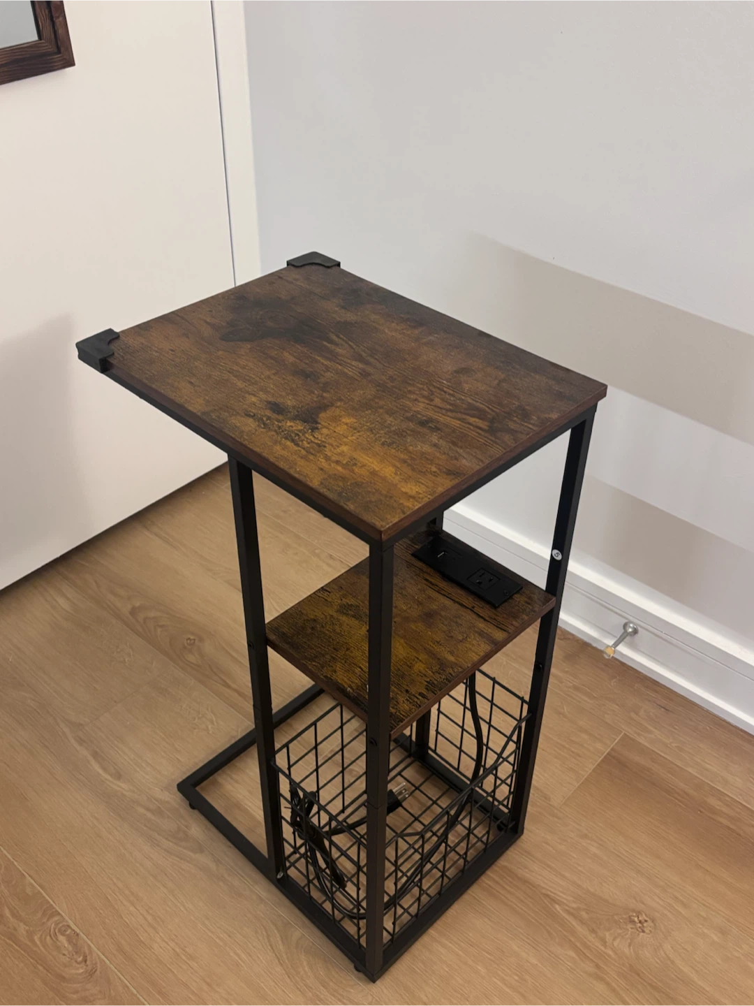 Bedside table with charging station, C-shaped end table