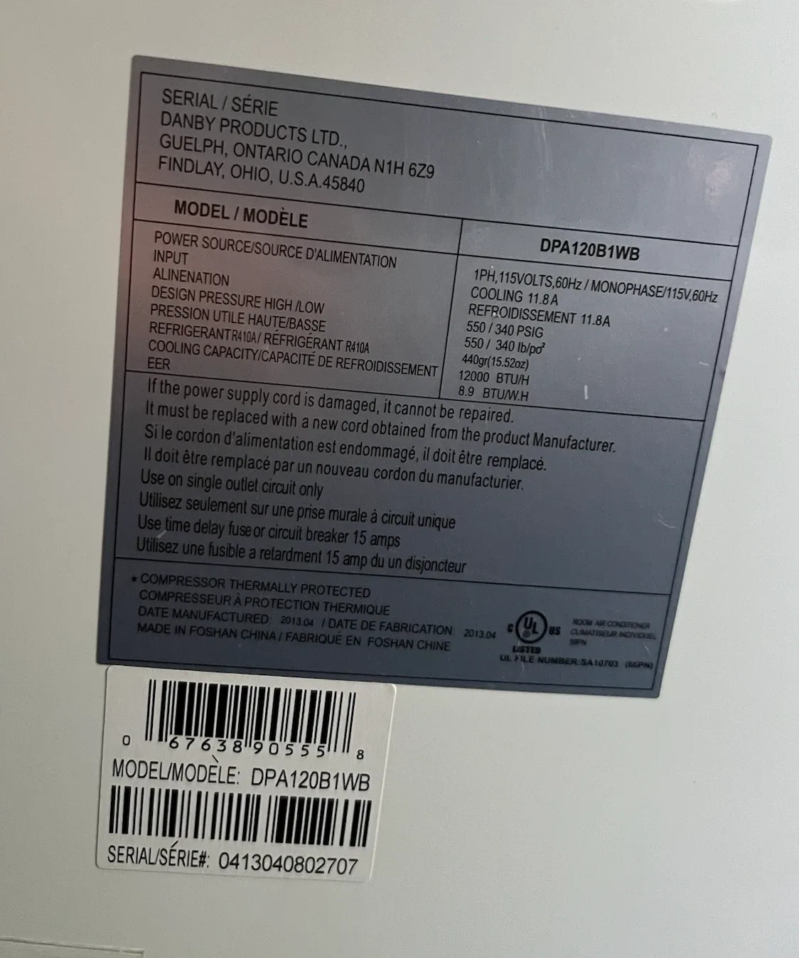 Danby DPA120B1W Portable Air Conditioner - photo 2