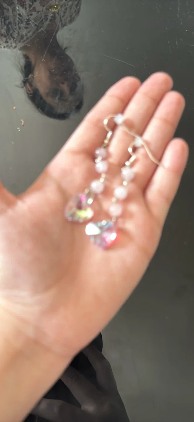 Heart Charm Dangle Earrings with Pink Beads