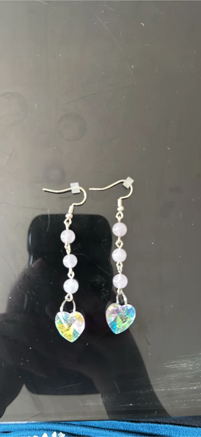 Heart Charm Dangle Earrings with Pink Beads - photo 3