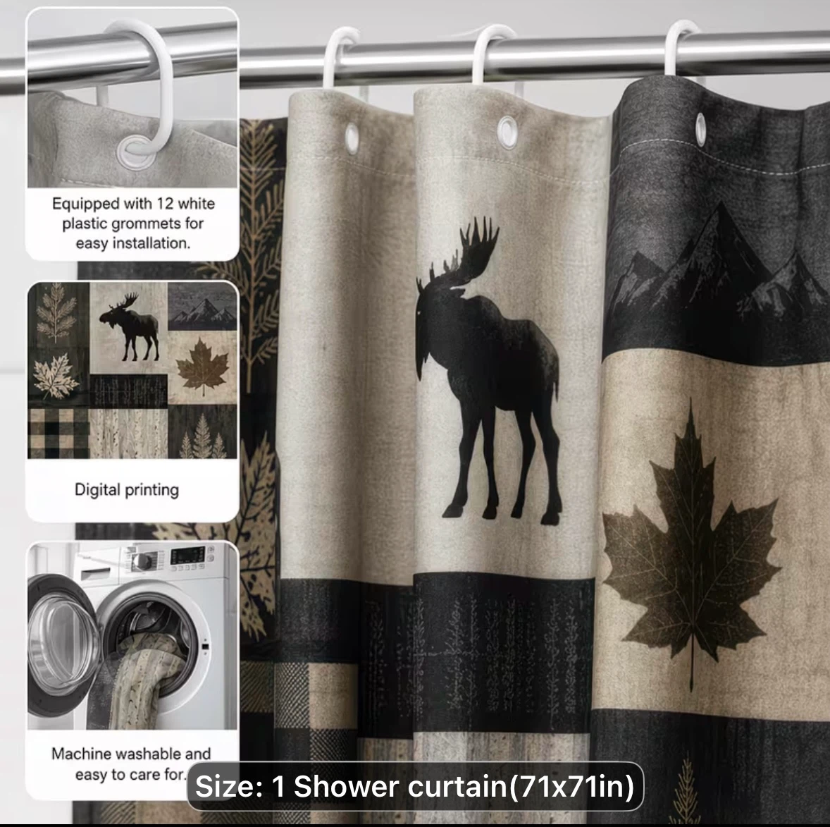 Shower Curtain with Moose and Maple Leaf Design - photo 3