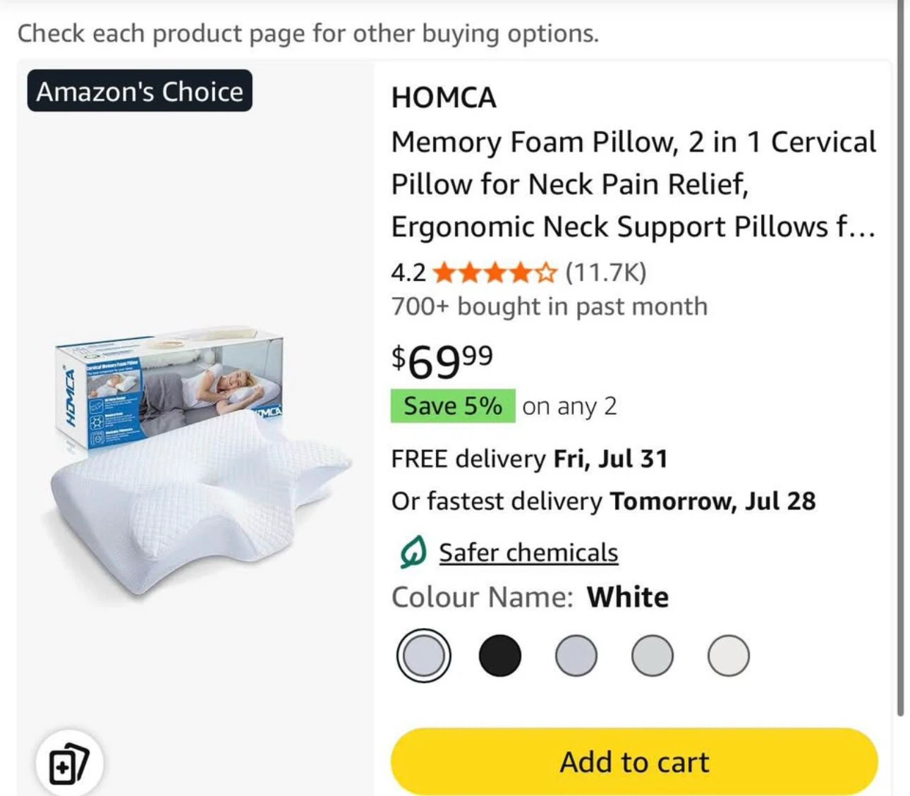 Ergonomic HOMCA Memory Foam Pillow, 2 in 1 Cervical Pillow - photo 2