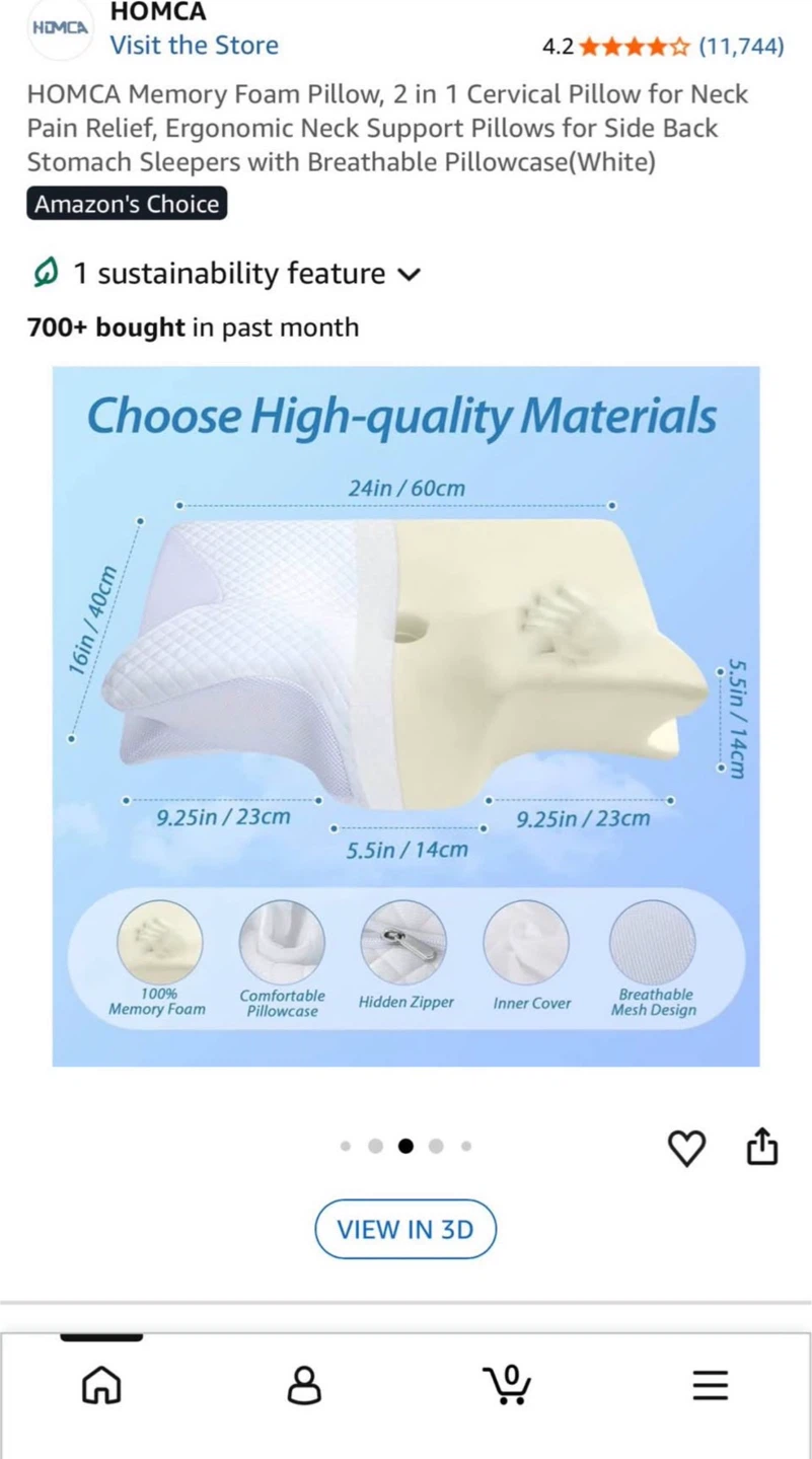 Ergonomic HOMCA Memory Foam Pillow, 2 in 1 Cervical Pillow - photo 4