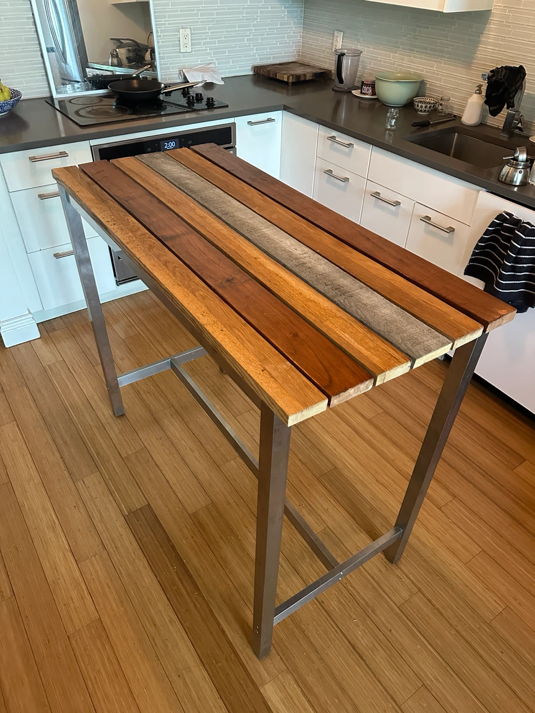 VINTAGE RECLAIMED HARD WOOD KITCHEN ISLAND BAR HEIGHT TABLE