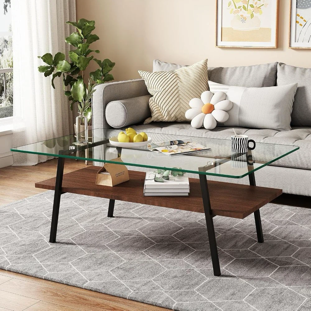 Glass Top Coffee Table with Wood Shelf