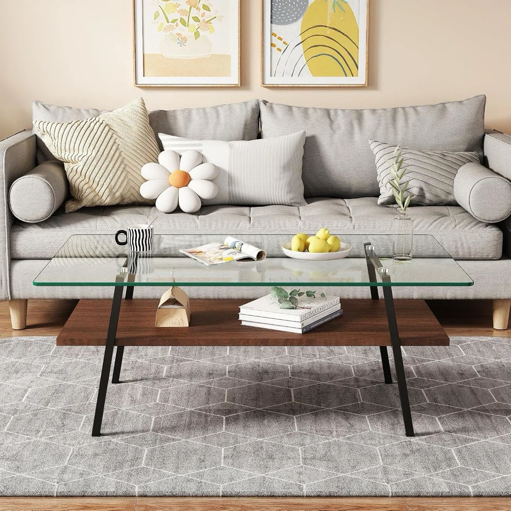 Glass Top Coffee Table with Wood Shelf - photo 2