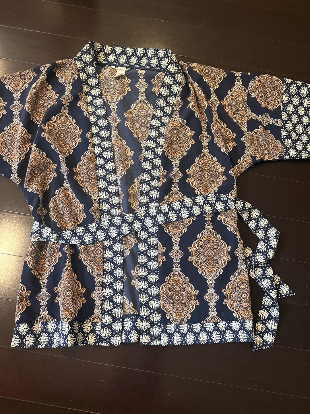 Navy Blue Kimono Robe with Medallion Print
