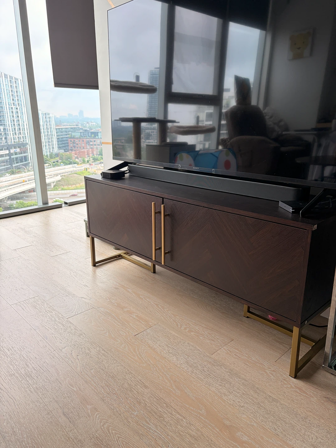 Dark Wood Media Console with Gold Legs