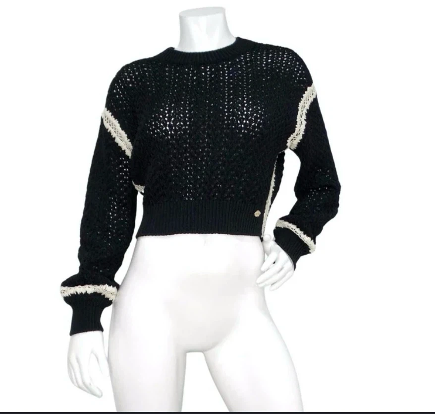 Black Cropped Knit Sweater with White Trim