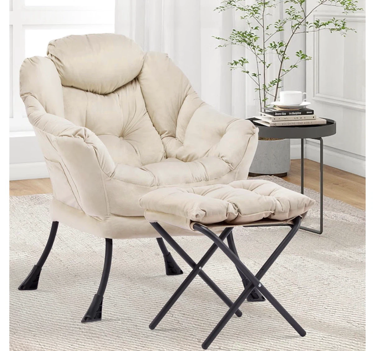 Cream Accent Chair with Ottoman