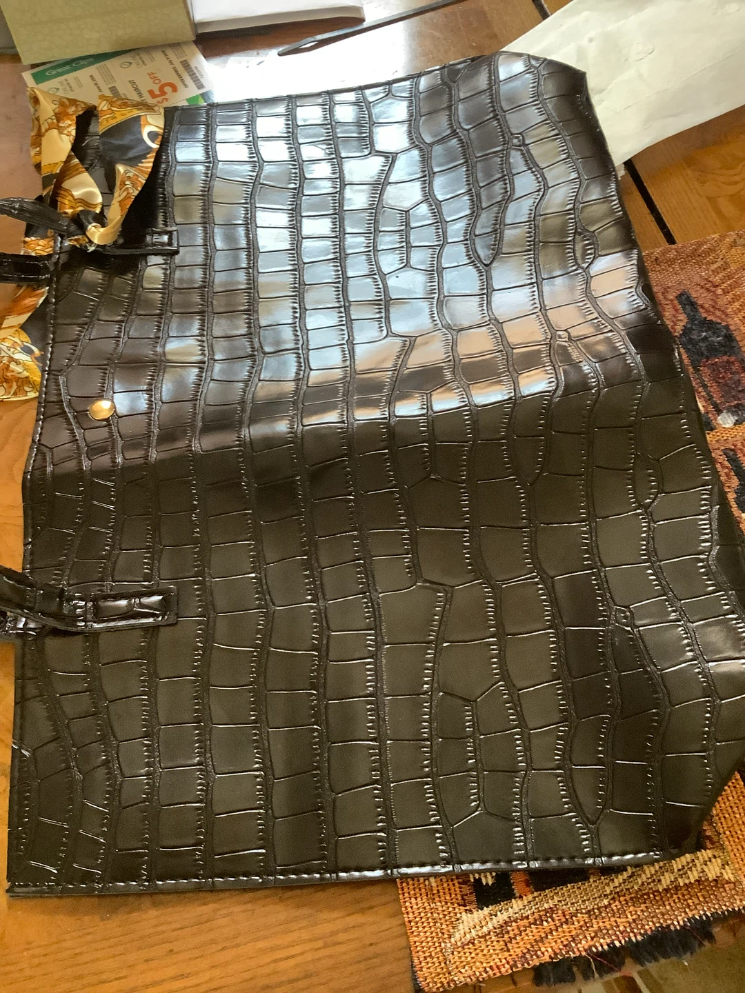 Black Faux Croc Tote Bag with Scarf