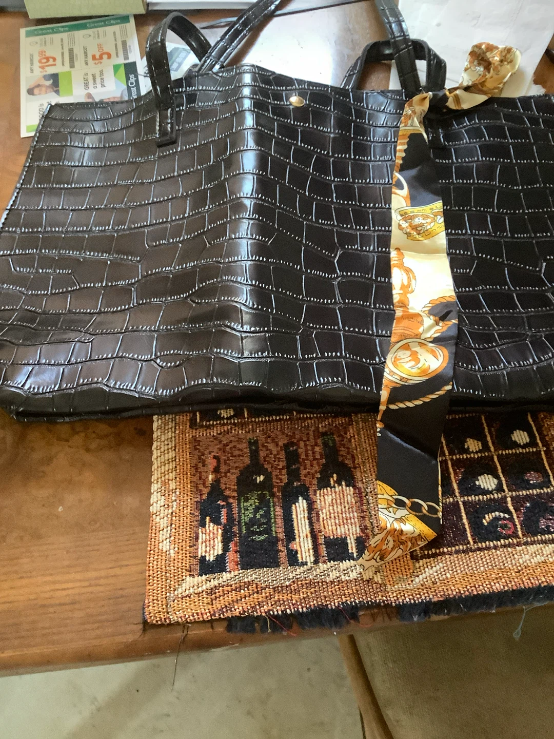 Black Faux Croc Tote Bag with Scarf - photo 2