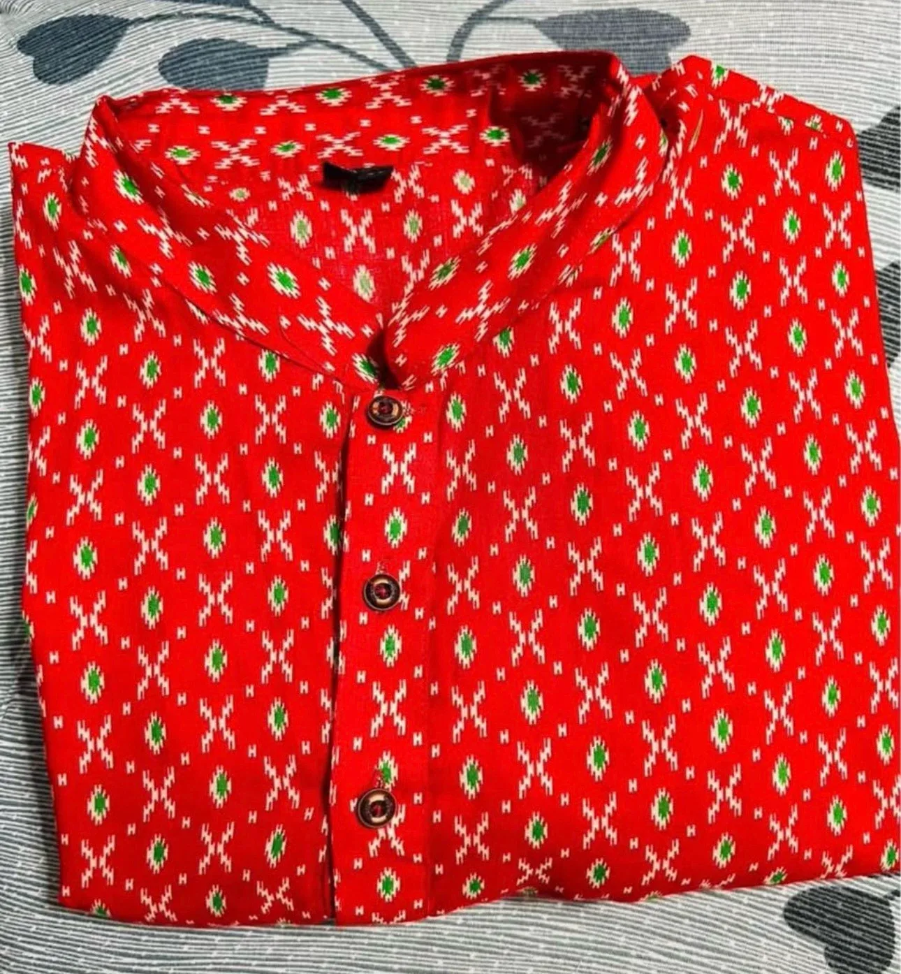 Red Printed Kurta with White Pyjama Set (men’s)