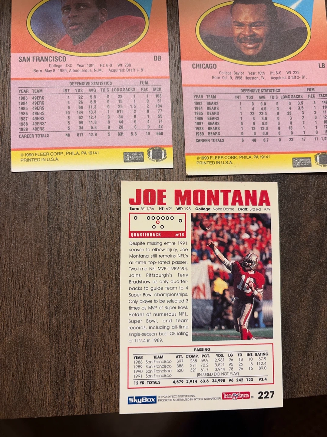 Joe Montana, Ronnie Lott, Mike Singletary Football Cards