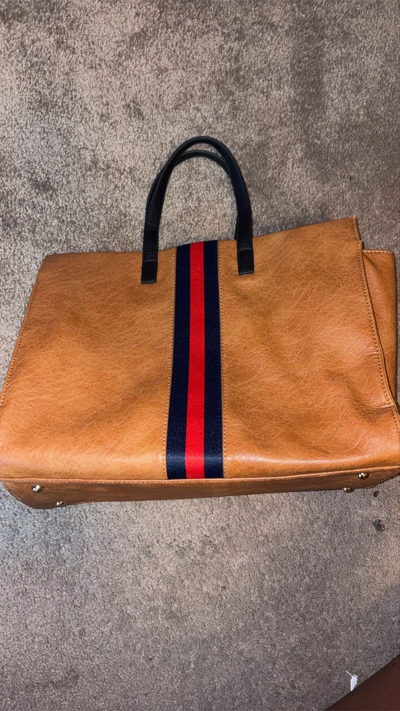 Brown Tote Bag with Red and Blue Stripe Accent