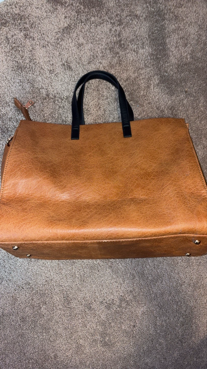 Brown Tote Bag with Red and Blue Stripe Accent - photo 2